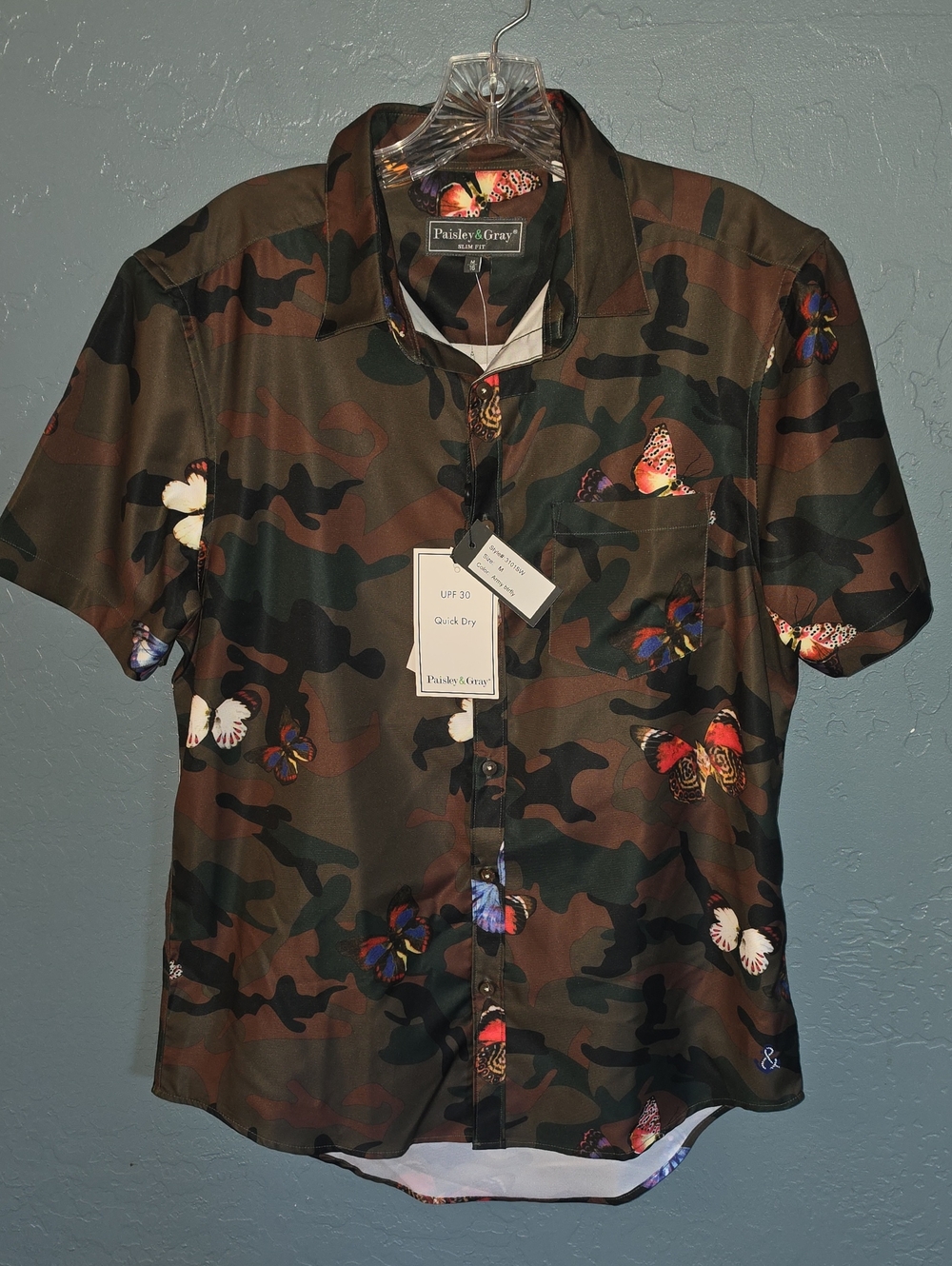 Paisley & Gray Men’s Camouflage Button-Down Shirt with Multicolor Butterflies